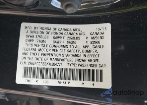 2019 Honda Civic Sport z USA, uszkodzony, nr VIN 2HGFC2F88KH504774